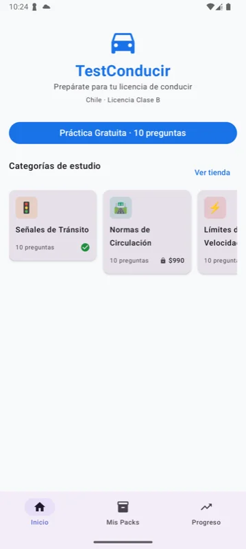 Captura de pantalla de la app TestConducir.cl para Android